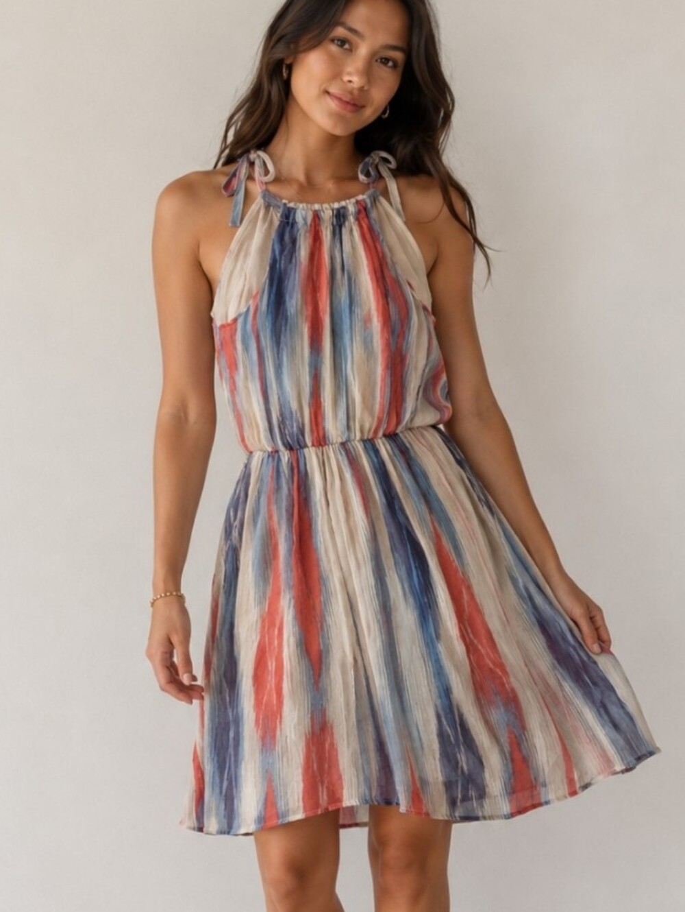 Akiko 100% Silk Halter Dress Abstract Watercolor Print Size XS